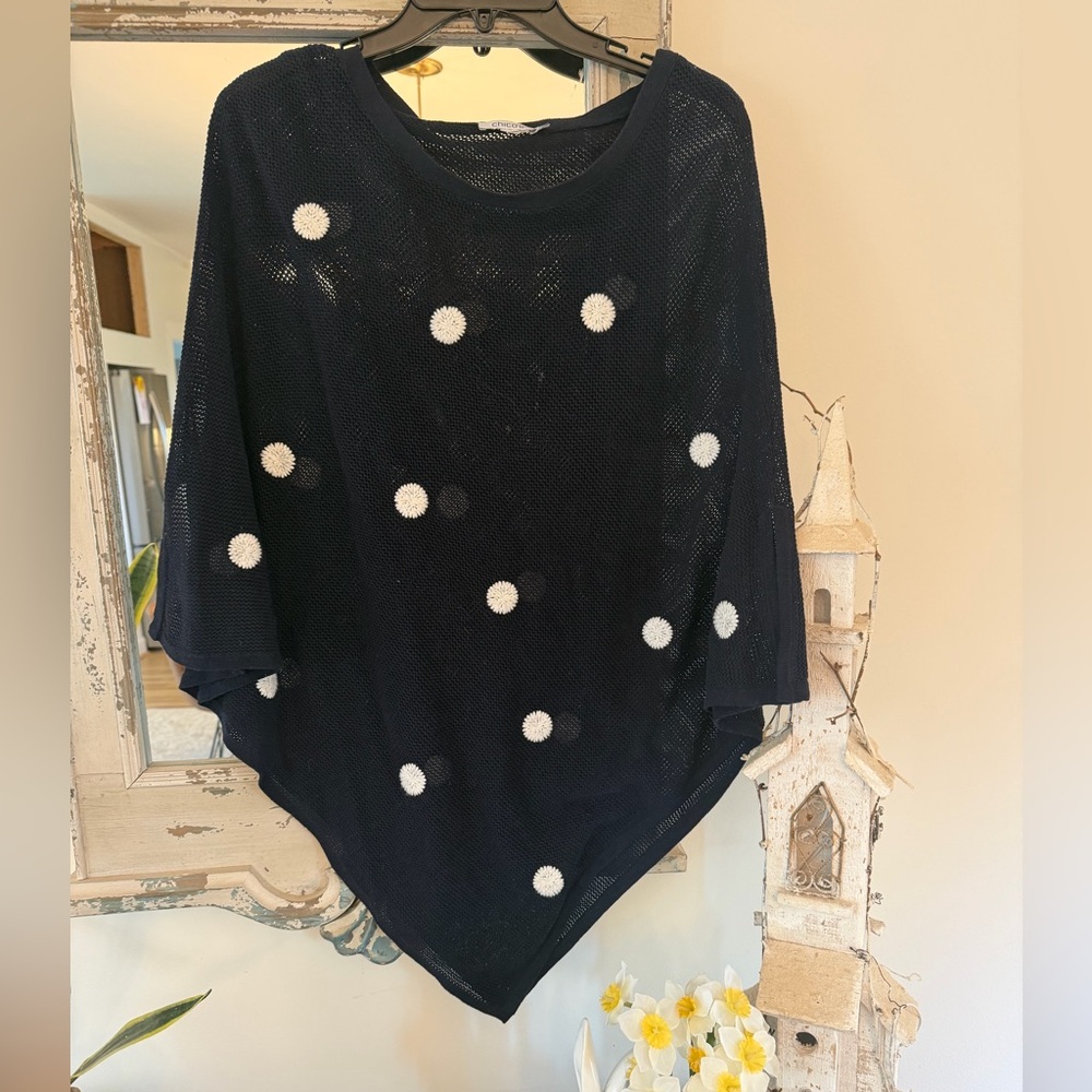 CHICOS S/M Navy Poncho with White Polka Dots